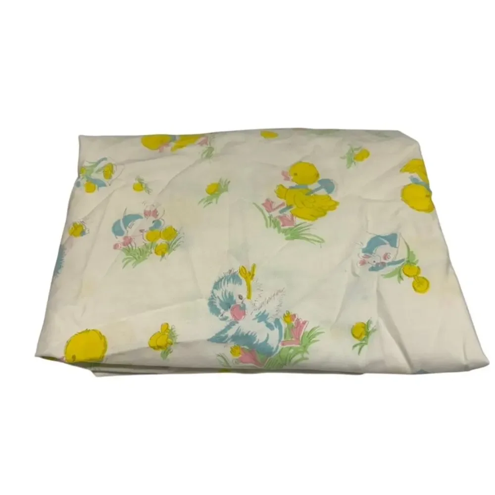 Vintage Cotton Crib Sheet Yellow White Pink Ducks Birds‎ Green Blue